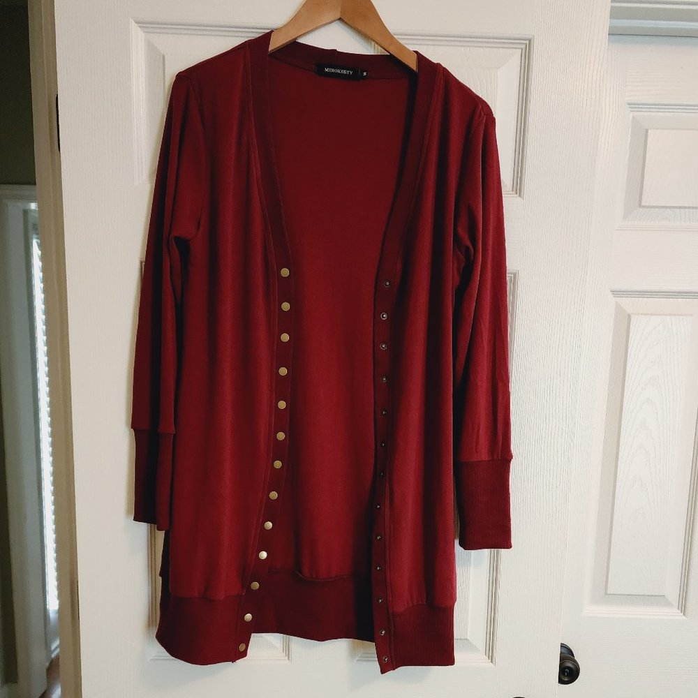 MEROKEETY Burgundy Long Gold Snap Cardigan Sweater Size M - Picture 11 of 12